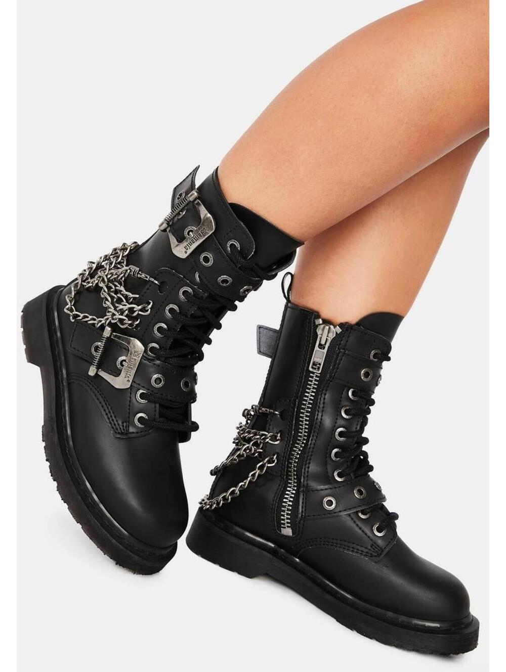 DEMONIA Unisex Goth Punk Ankle High Boots Buckles Chains Likenew M 9 L 11 Black